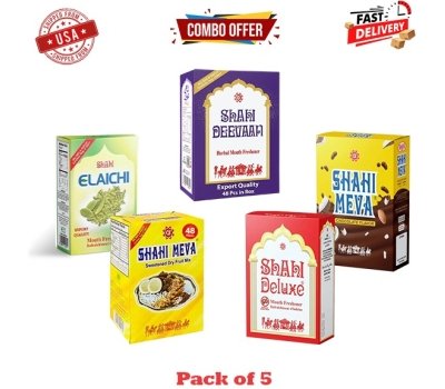 5 Boxes Value Pack Combo of Shahi Meva, Shahi Deluxe, Shahi Elaichi, Shahi Meva Chocolate & Shahi Deevaan
