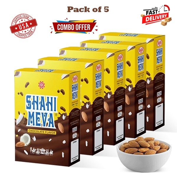 Five boxes of Shahi Meva Chocolate featuring rich chocolate and premium dry fruits.