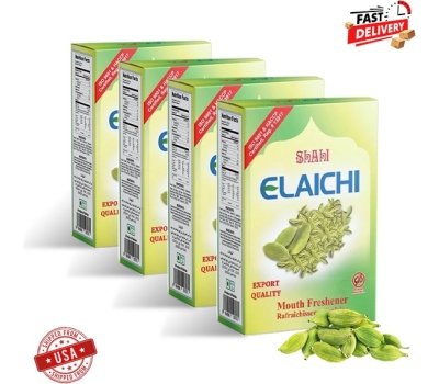 Four boxes of Shahi Elaichi mouth freshener arranged together, showcasing elegant packaging and the 4 Boxes Value Pack Offer for maximum freshness.