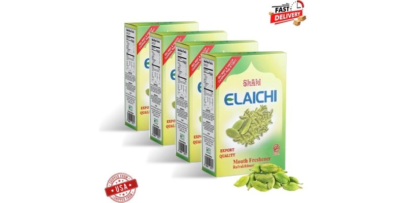 Four boxes of Shahi Elaichi mouth freshener arranged together, showcasing elegant packaging and the 4 Boxes Value Pack Offer for maximum freshness.