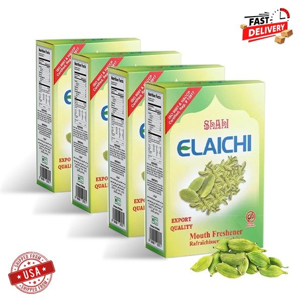 Four boxes of Shahi Elaichi mouth freshener arranged together, showcasing elegant packaging and the 4 Boxes Value Pack Offer for maximum freshness.